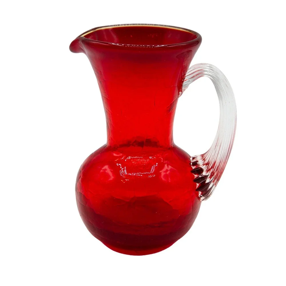 Red Glass Pitcher Small Water Carafe‎ Hand Blown Crackle Style